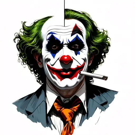 In a diamond half of the joker's face with a black and white cigarette and the other clown half in color tattoo design idea