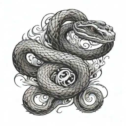 snake surrounded by the elements of fire, wind, earth, and water tattoo design idea
