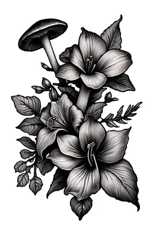 The tattoo must have the following items: chanterelle mushrooms, trumpet vine flowers, columbine flower and a spiral  tattoo design idea