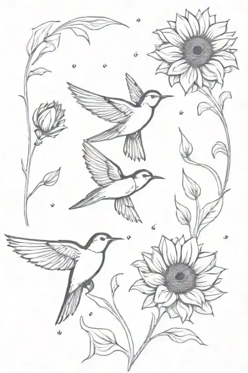Two swallows flying upwards over sunflowers tattoo design idea