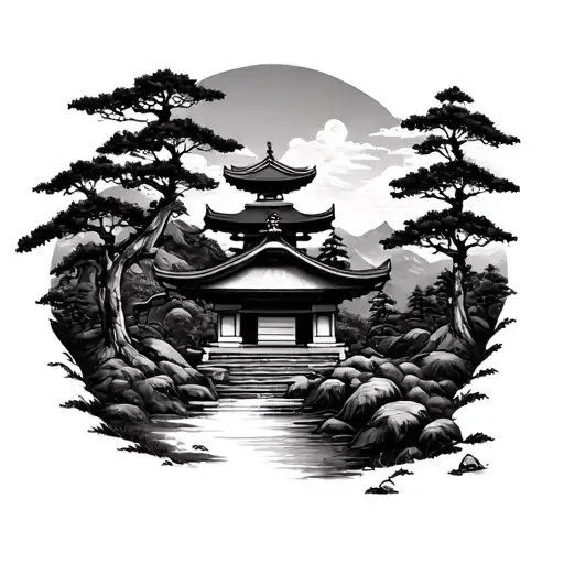 shinto shrine in forest landscape tattoo design idea