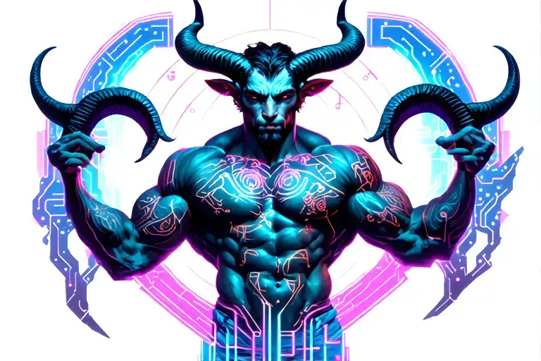 gay male horned satyr with massive bodybuilder muscles. constellations, incubus demon, musclepig, gyno big nipples tattoo design idea
