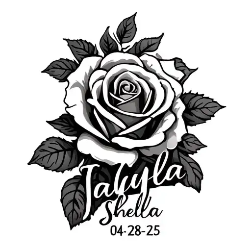 "Jalayla Sheila 04-28-25" roses with name inside tattoo design idea