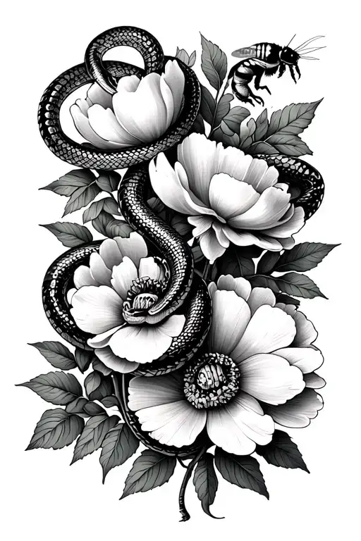 Blackwork with background of peony poppies with garter snake, salamander, and bumblebee intertwined in foliage tattoo design idea