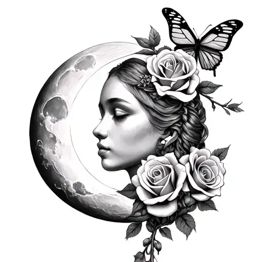 In the center of the moon, on the sides of it, two months are attached to it that are braided with roses and a butterfly on top tattoo design idea