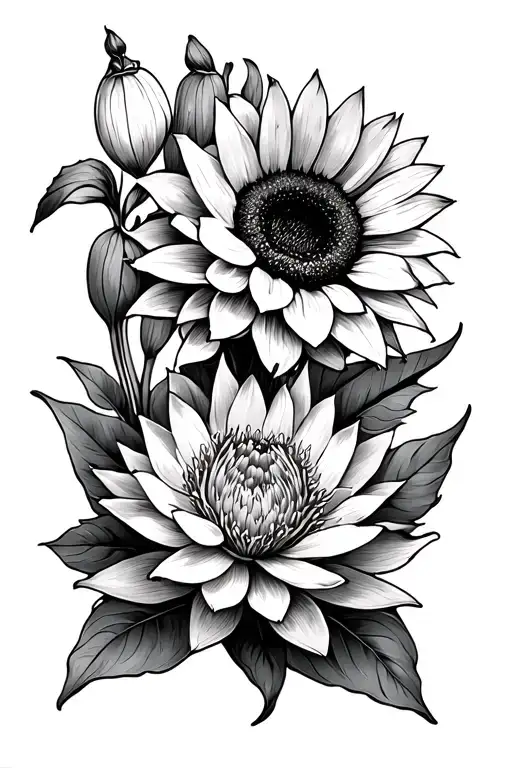 lotus flower leading down to a tiger lily and sunflower and lady slipper flower in a line tattoo design idea