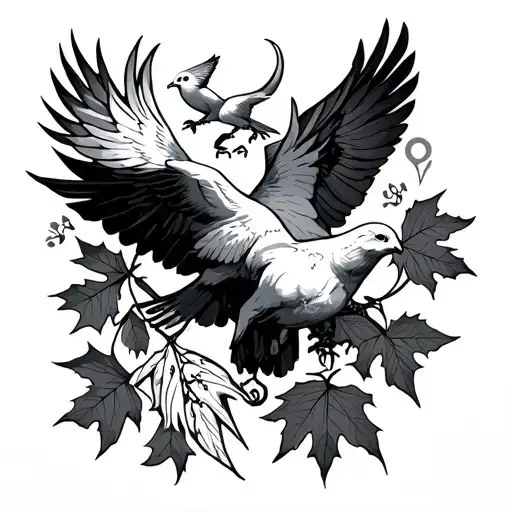 thic vines gowing down the right arm with 2 small doves caring two dead leaves and a bull nordic sign stuck inside it tattoo design idea