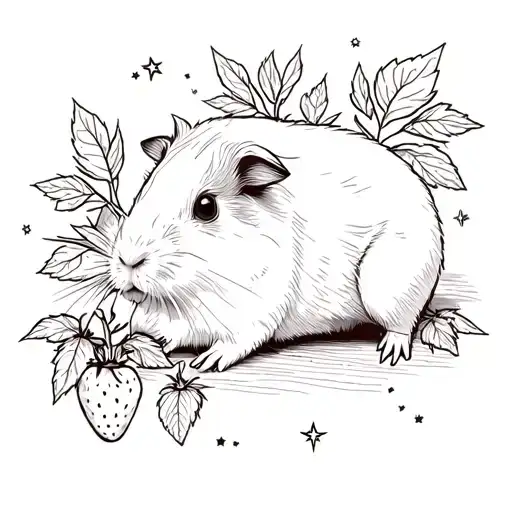 A guinea pig surrounded by strawberry plants with small star details. tattoo design idea