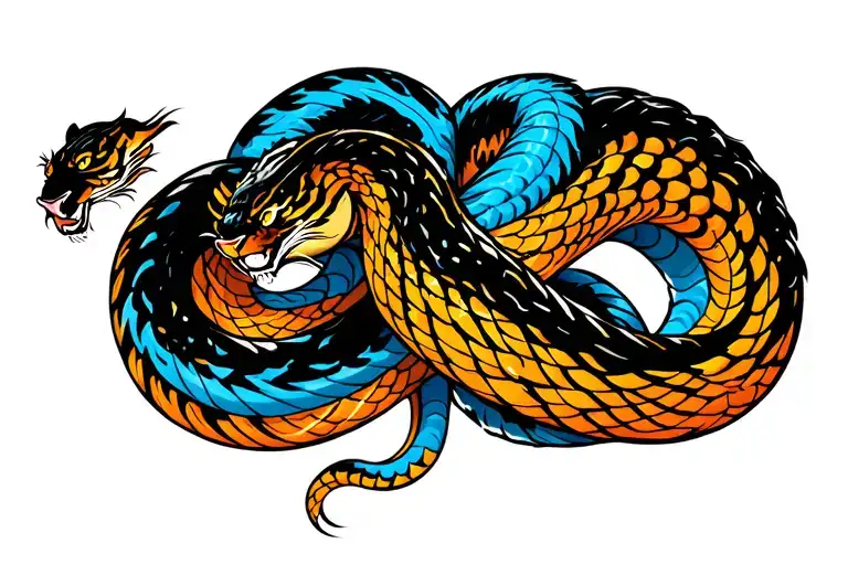 blue tiger fighting snake intertwined representing tattoo design idea