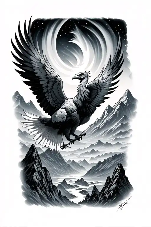 pheonix flying among mountains with northern lights tattoo design idea