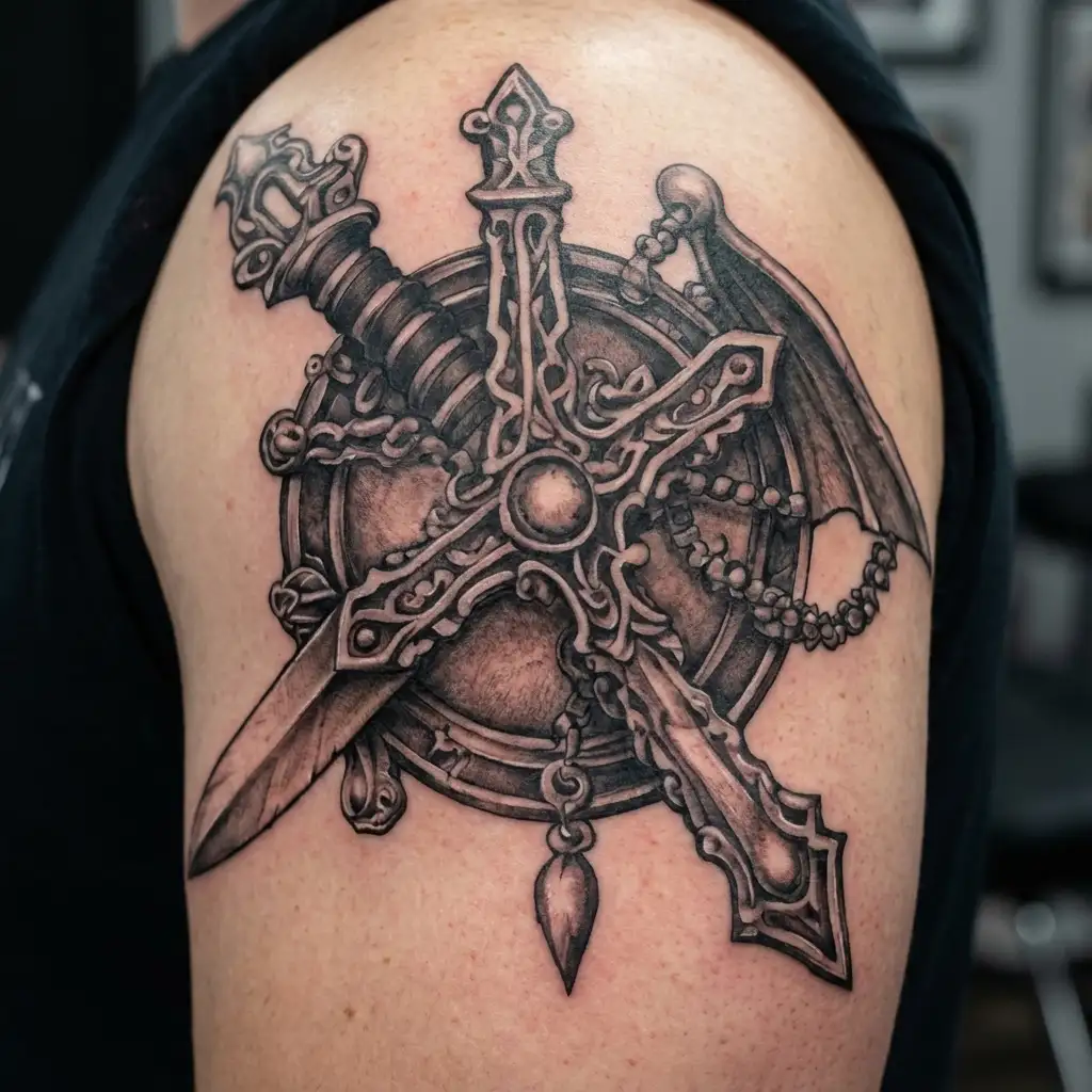 Black And Grey "Sword Facing Down With Christian Rosary Beads Around" Tattoo Design Idea tattoo design idea