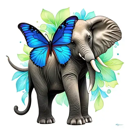 Elephant And Butterfly with blue and green ribbons in body of butterfly tattoo design idea