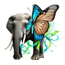 Elephant And Butterfly with blue and green ribbons in body of butterfly tattoo design idea