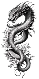 two headed snake opening up on shoulder, dragon on lower arm and  flowers and vines to fill space tattoo design idea