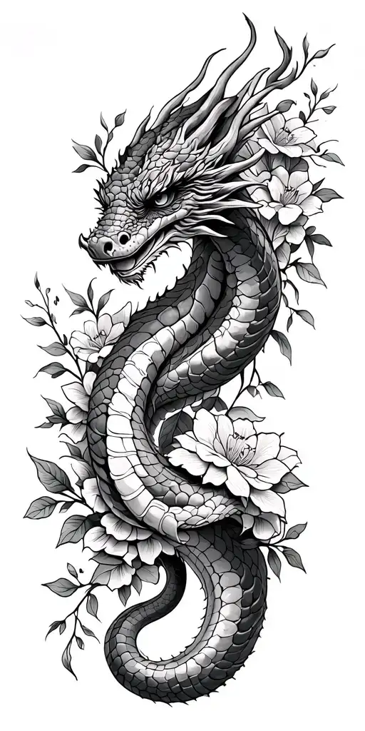 two headed snake opening up on shoulder, dragon on lower arm and  flowers and vines to fill space tattoo design idea
