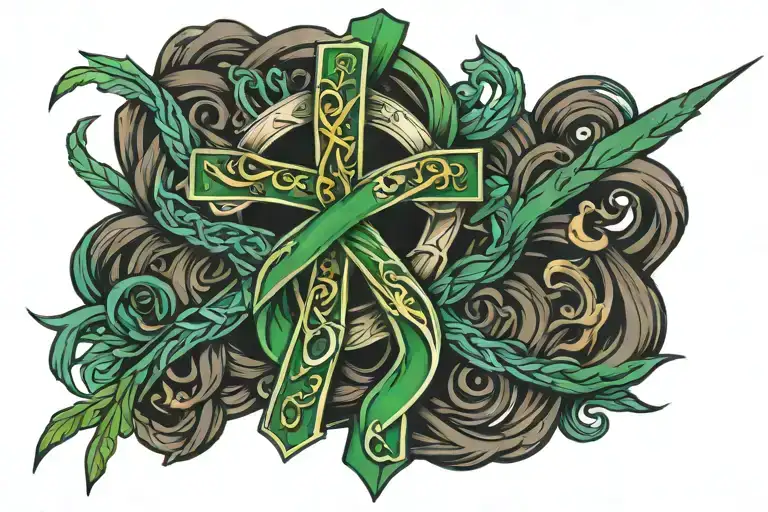 cerebral palsy awareness ribbon intertwined within a catholic cross background  western  (cowgirl,horses) tattoo design idea