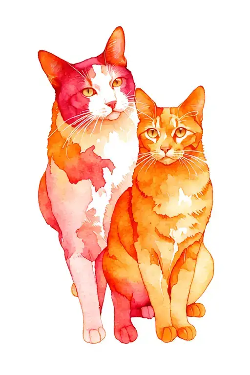 Vertical watercolor forearm tattoo design. Stylized elegant silhouettes of four pets: one pure black cat, one calico cat tattoo design idea