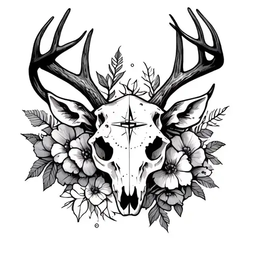 deer skull, stipple flowers, viking compass, tattoo design idea