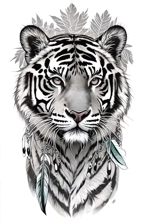 tiger with feathers dangling tattoo design idea