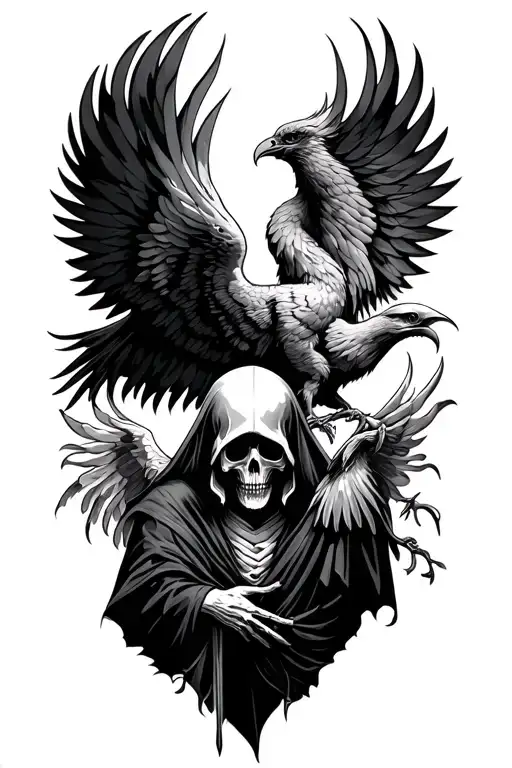 Grim reaper and phoenix rising tattoo design idea