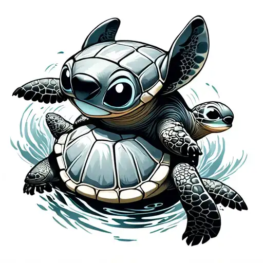 stitch with 3 small turtles and 1 big turtle swimming tattoo design idea