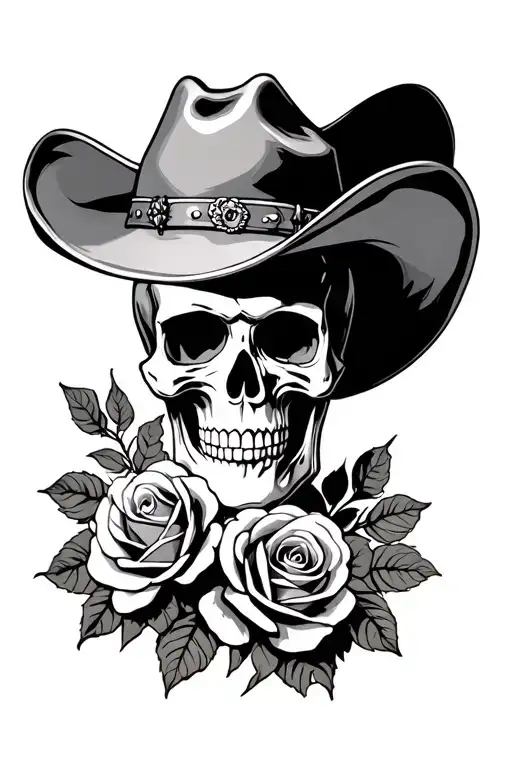 I want a western theme. style realistic a skull with a cowboy hat and some roses tattoo design idea