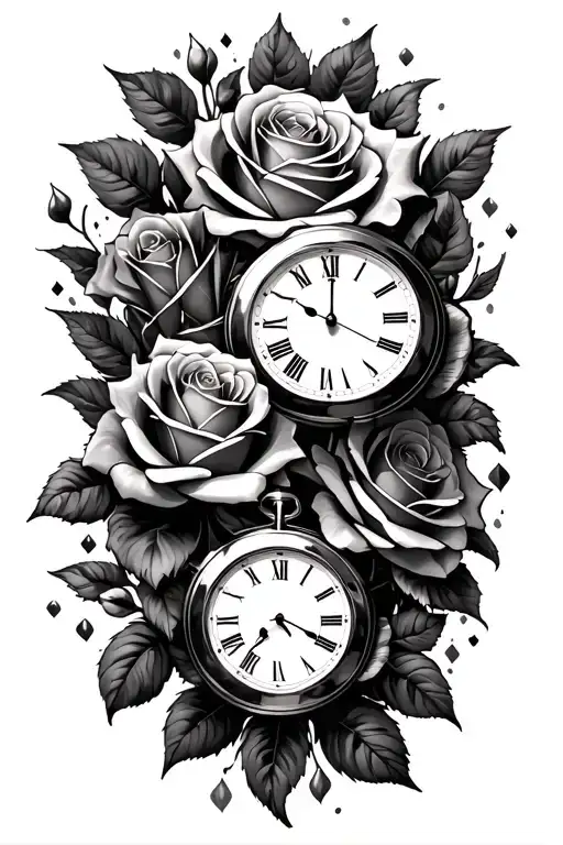 3 clocks, roses, cards floating tattoo design idea