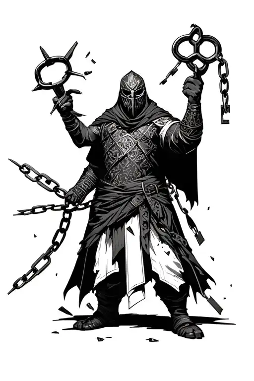 A warrior standing upright, holding a large key in one hand and broken chains in the other, wearing a mask on his face. tattoo design idea