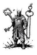 A warrior standing upright, holding a large key in one hand and broken chains in the other, wearing a mask on his face. tattoo design idea
