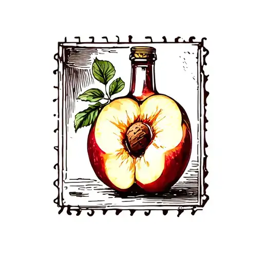 fine line square postage stamp with peach and wine bottle cork inside tattoo design idea
