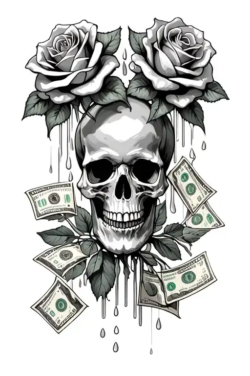 "The Sagrada Familia" Skull Roses Money Raining tattoo design idea