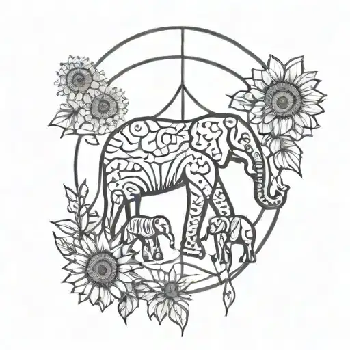 dream catcher surrounded by sunflowers with a mother elephant and 4 baby elephant silhouettes  tattoo design idea