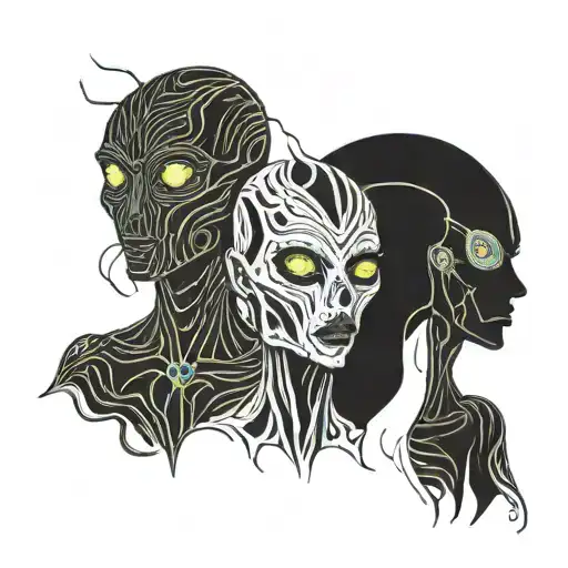 An abstract, surreal line art drawing featuring three humanoid, alien-like figures with smooth, featureless faces. The f tattoo design idea