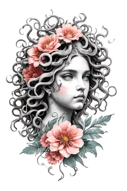 woman face medusa head tattoo flowers tattoo design idea