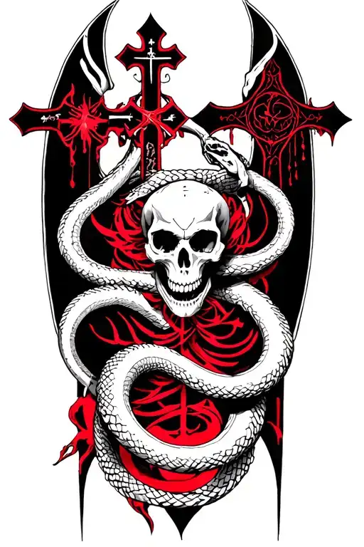 gothic tattoo with crosses and a long skeleton like a snake or dragon, skull of a snake, not much detail some red detail tattoo design idea