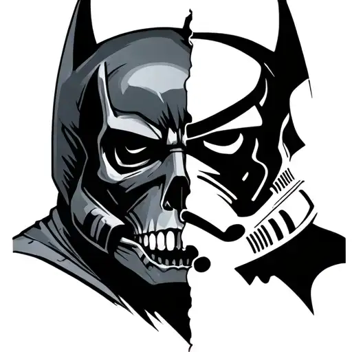Front view of a gothic skull split down the middle: Batman on the left, Stormtrooper on the right, merging at split tattoo design idea