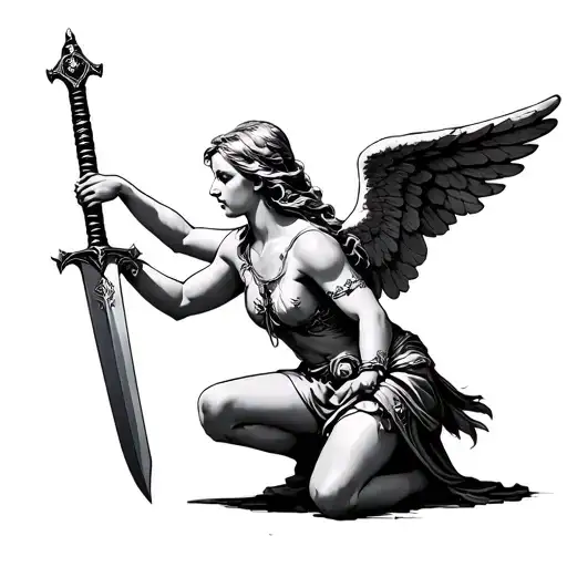 kneeling angel with broadsword facing to their right tattoo design idea