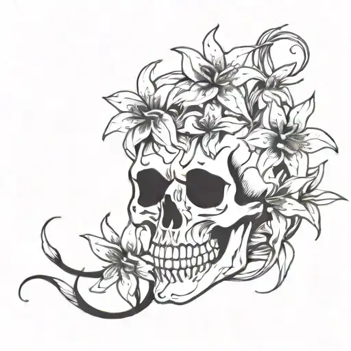 skull with spiderlilies intertwined tattoo design idea