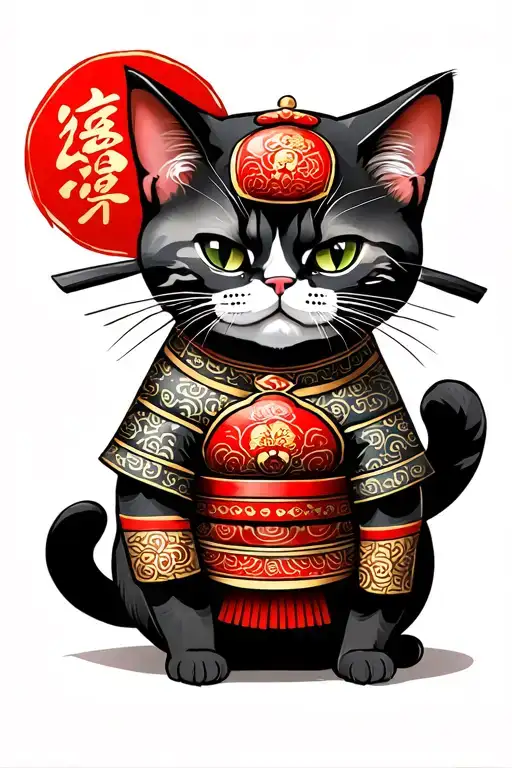 Japanese oriental lucky cat wearing samurai warrior + daruma doll tattoo design idea