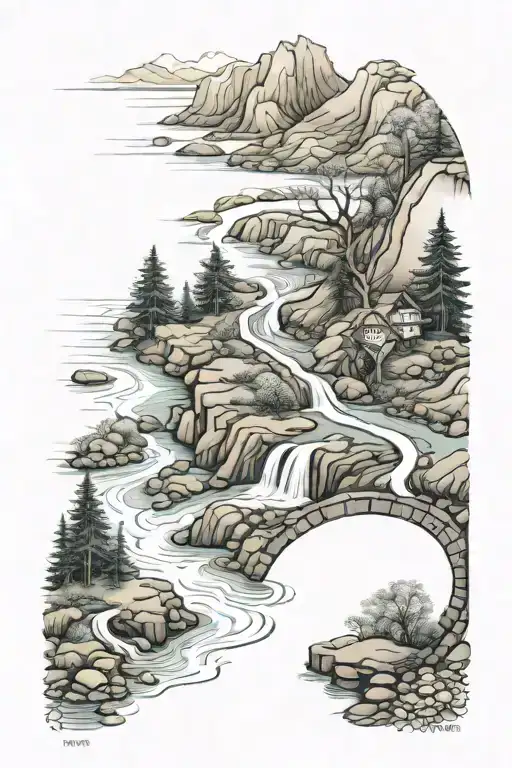 "semicolons" embedded in scene of flowing river on winding mountain path with rushing areas and obstacles tattoo design idea