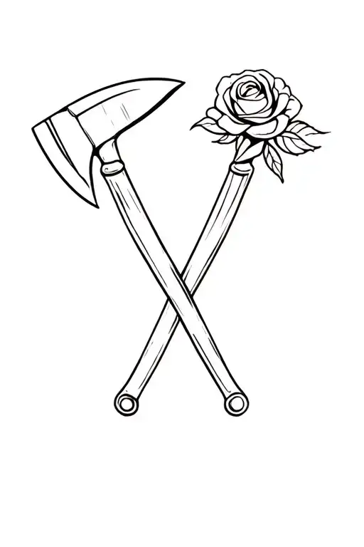 miners pickaxe and rose crossed in an X configuration so the axe and rose form an x tattoo design idea