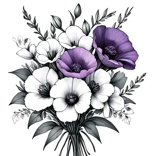 Gladiolus, poppy, violet, primrose, carnation, and snowdrop bouquet tattoo design idea
