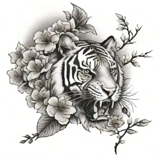 upper arm sleeve, tiger, cloud, cherry blossom, new beginning tattoo design idea