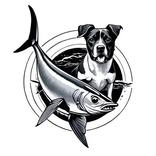 aerial view of a tuna fish and dog in a circular pattern tattoo design idea
