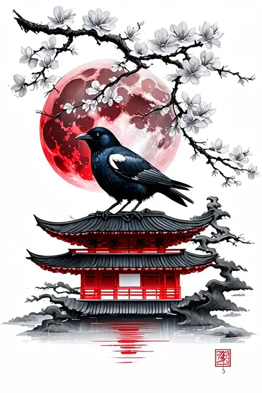 cherry blossom, crow, red moon, Japanese structures tattoo design idea
