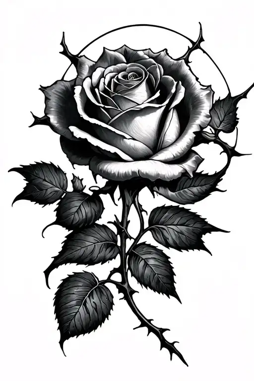 Large, detailed rose with added thorns on and a full moon tattoo design idea