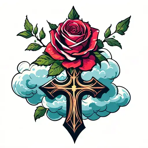 rose and cross with clouds around it tattoo design idea