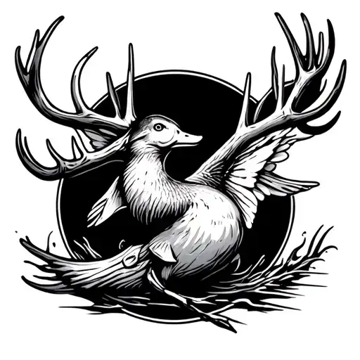 fish hook, deer antler, duck flying tattoo design idea