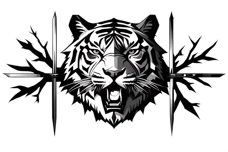 full tiger face with sword from within its branches tattoo design idea