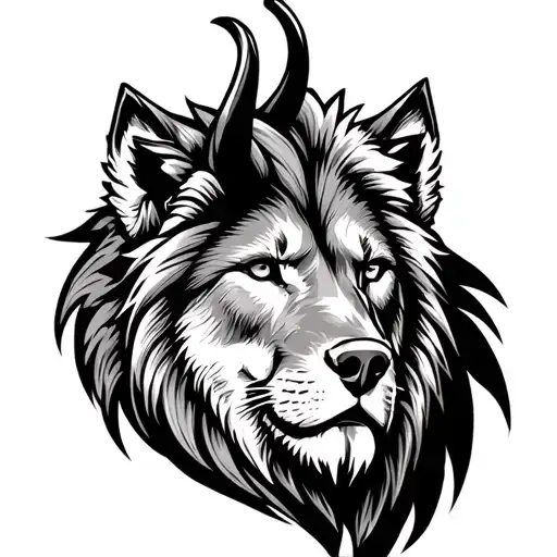 The head of a lion, with lion's majestic mane, the ears and fierceness wolf, the head of a wolf, and black sheep horns a tattoo design idea